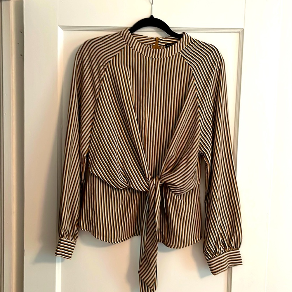 Designer striped blouse bought in LA; ties at waist; zips up the back.